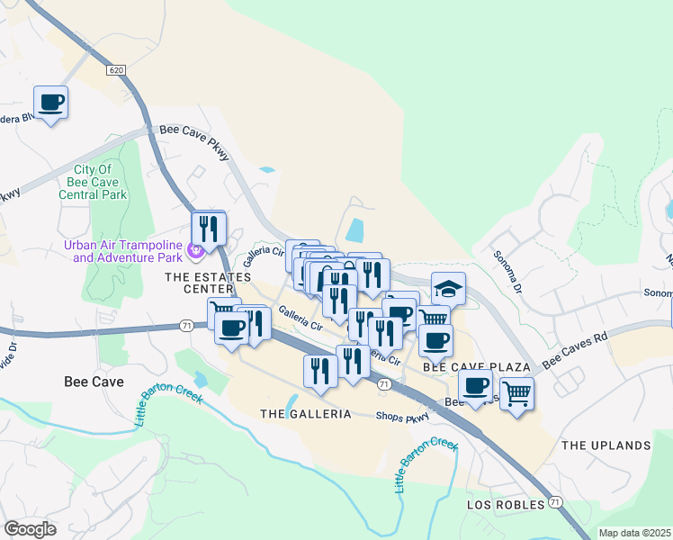 map of restaurants, bars, coffee shops, grocery stores, and more near 13332 Galleria Parkway in Bee Cave
