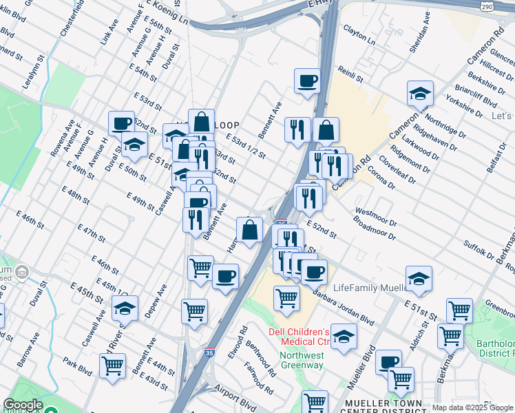 map of restaurants, bars, coffee shops, grocery stores, and more near 1000 East 51st Street in Austin
