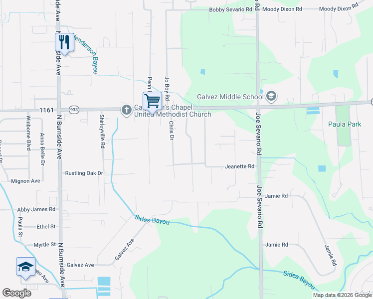 map of restaurants, bars, coffee shops, grocery stores, and more near 16422 Wesley Evans Road in Prairieville
