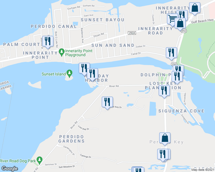 map of restaurants, bars, coffee shops, grocery stores, and more near 14099 River Rd in Pensacola