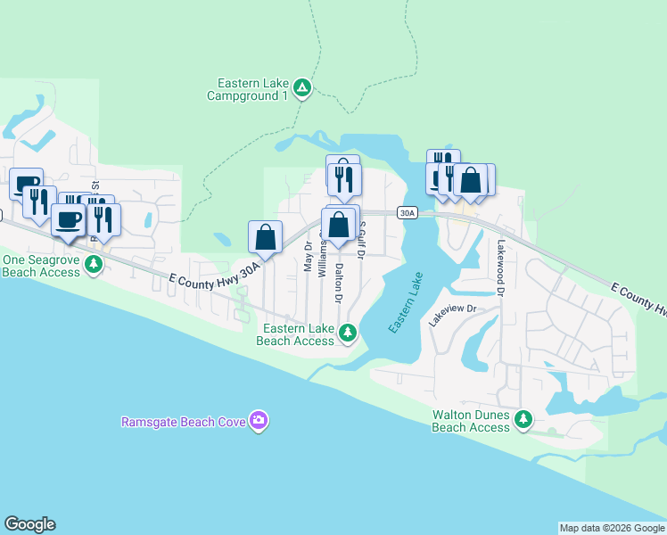 map of restaurants, bars, coffee shops, grocery stores, and more near 121 Dalton Drive in Santa Rosa Beach