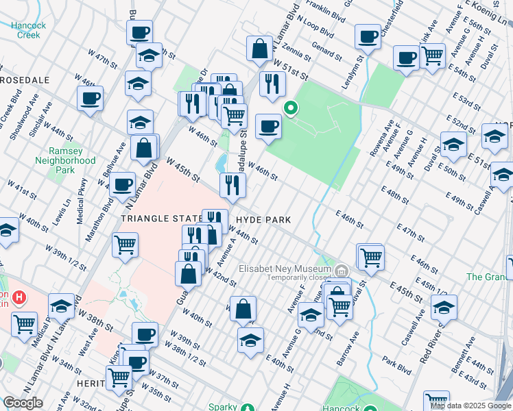 map of restaurants, bars, coffee shops, grocery stores, and more near 4505 Avenue A in Austin
