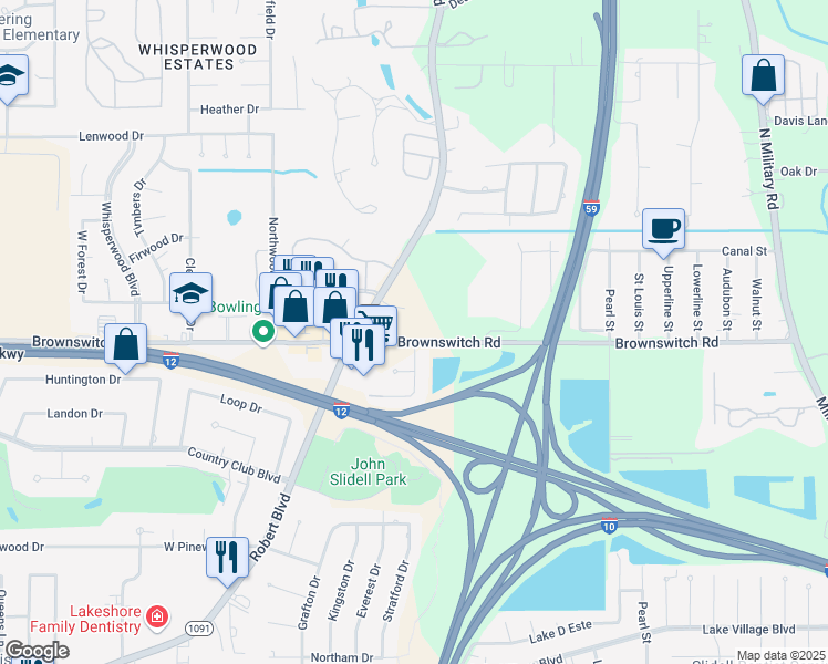 map of restaurants, bars, coffee shops, grocery stores, and more near 862 Brownswitch Road in Slidell