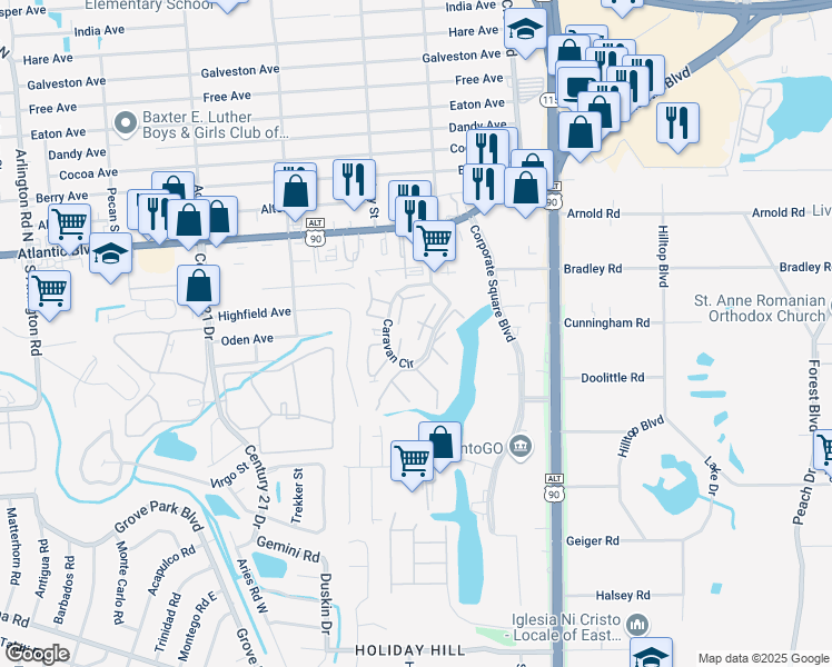map of restaurants, bars, coffee shops, grocery stores, and more near 304 Sahara Court South in Jacksonville
