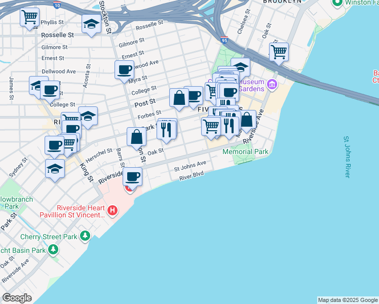 map of restaurants, bars, coffee shops, grocery stores, and more near in Jacksonville