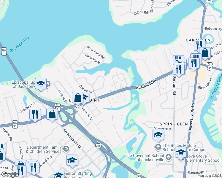 map of restaurants, bars, coffee shops, grocery stores, and more near 5201 Atlantic Boulevard in Jacksonville