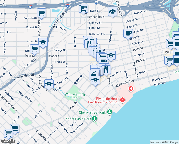 map of restaurants, bars, coffee shops, grocery stores, and more near 2759 Lydia Street in Jacksonville