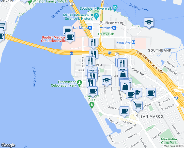 map of restaurants, bars, coffee shops, grocery stores, and more near San Marco Boulevard in Jacksonville