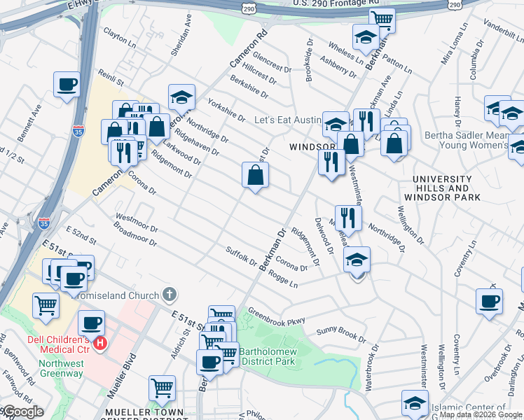map of restaurants, bars, coffee shops, grocery stores, and more near 1601 Ridgemont Drive in Austin