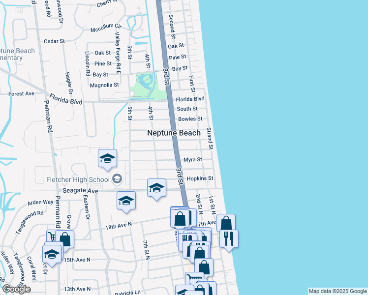 map of restaurants, bars, coffee shops, grocery stores, and more near 224 Oleander Street in Neptune Beach