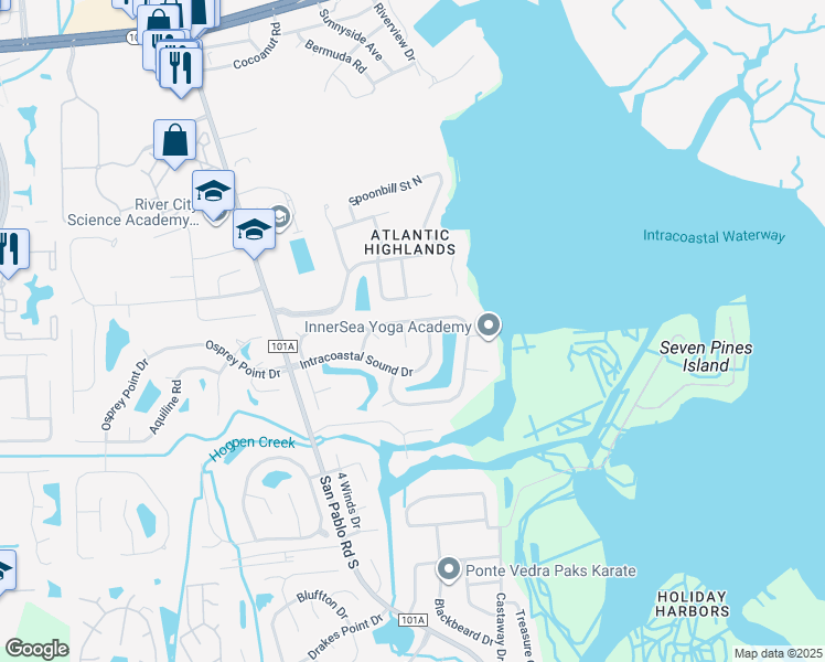 map of restaurants, bars, coffee shops, grocery stores, and more near 2130 Intracoastal Sound Drive East in Jacksonville