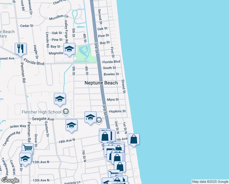 map of restaurants, bars, coffee shops, grocery stores, and more near 199 Oleander Street in Neptune Beach