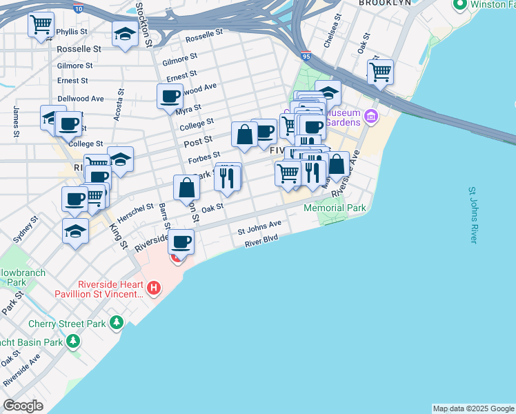 map of restaurants, bars, coffee shops, grocery stores, and more near in Jacksonville