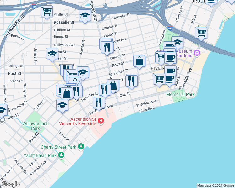 map of restaurants, bars, coffee shops, grocery stores, and more near 2515 Oak Street in Jacksonville