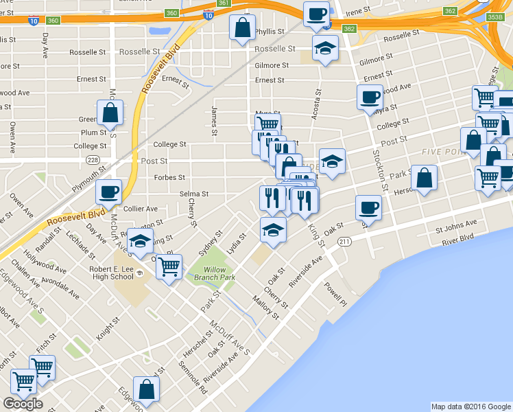 map of restaurants, bars, coffee shops, grocery stores, and more near 2759 Lydia Street in Jacksonville