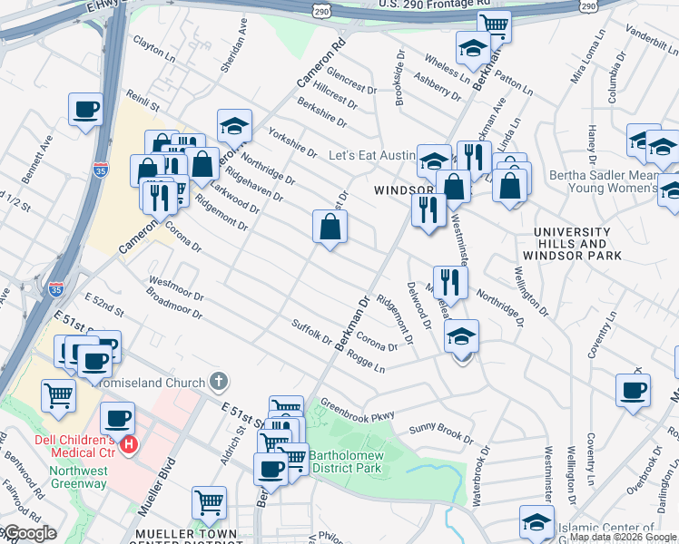 map of restaurants, bars, coffee shops, grocery stores, and more near 1601 Ridgemont Drive in Austin