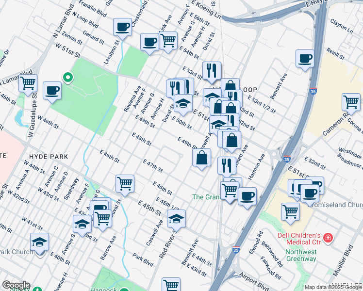 map of restaurants, bars, coffee shops, grocery stores, and more near 703 East 49th Street in Austin