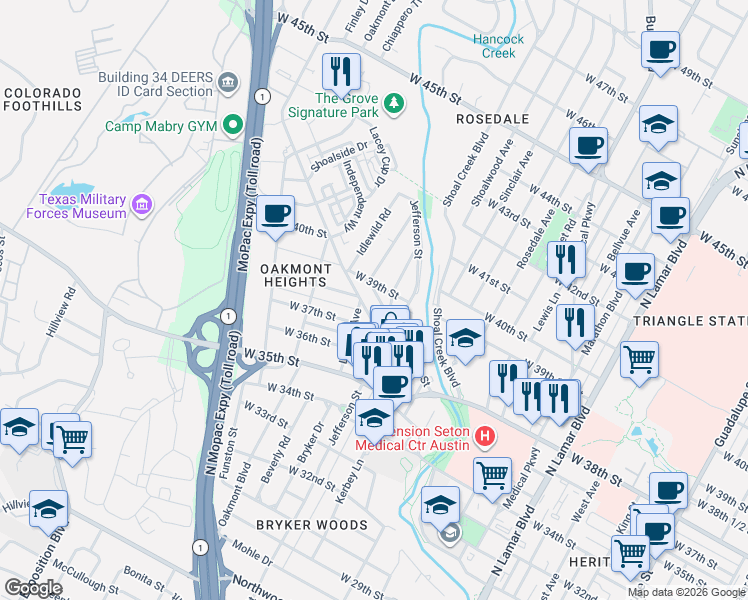 map of restaurants, bars, coffee shops, grocery stores, and more near 3809 Petes Path in Austin