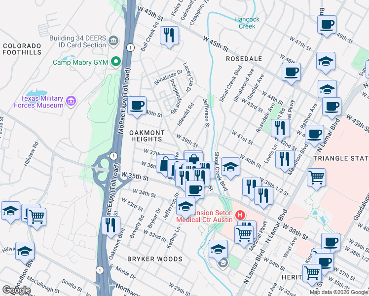 map of restaurants, bars, coffee shops, grocery stores, and more near 3710 Lawton Avenue in Austin