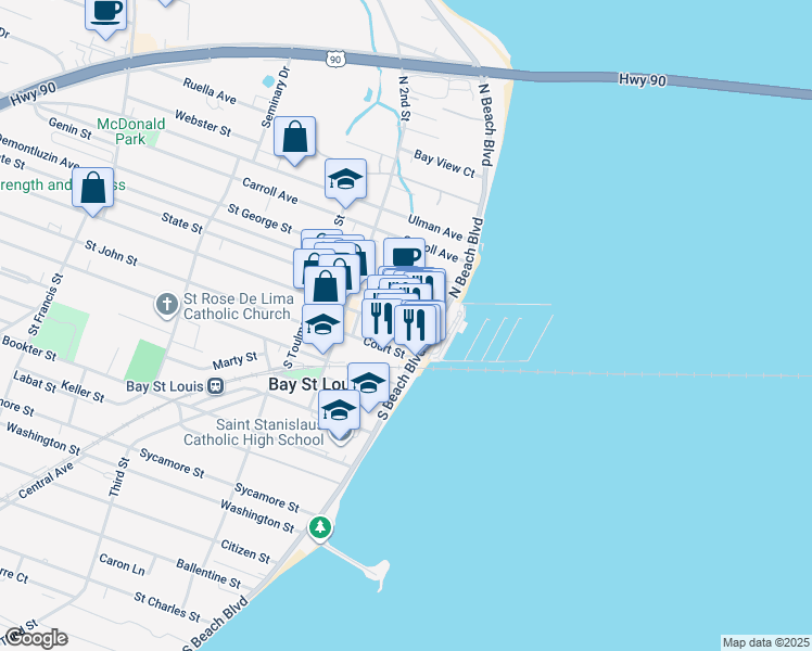map of restaurants, bars, coffee shops, grocery stores, and more near 125 Main Street in Bay St. Louis