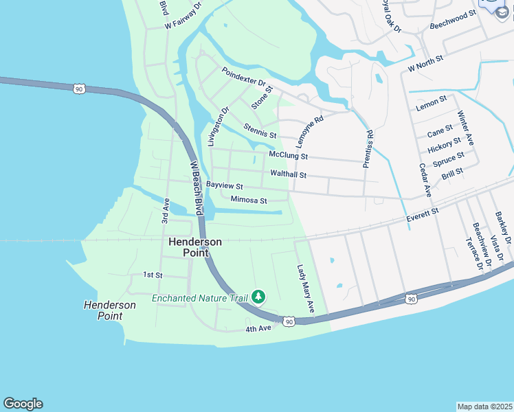 map of restaurants, bars, coffee shops, grocery stores, and more near 134 Mimosa Street in Pass Christian