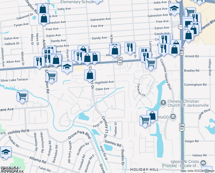 map of restaurants, bars, coffee shops, grocery stores, and more near 8314 Oden Avenue in Jacksonville