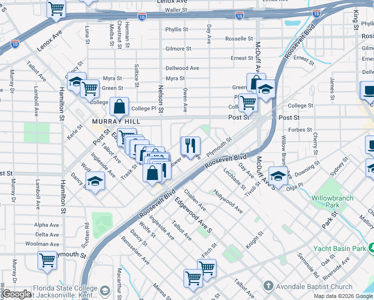 map of restaurants, bars, coffee shops, grocery stores, and more near 3307 Mayflower Street in Jacksonville