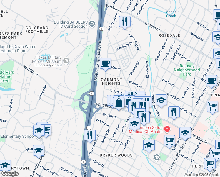 map of restaurants, bars, coffee shops, grocery stores, and more near 1908 West 37th Street in Austin