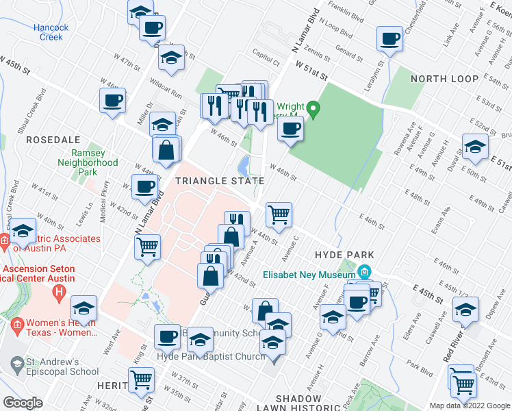 map of restaurants, bars, coffee shops, grocery stores, and more near Guadalupe St & W 45th St in Austin