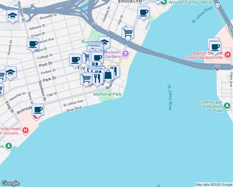 map of restaurants, bars, coffee shops, grocery stores, and more near 1596 Lancaster Terrace in Jacksonville