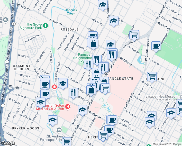 map of restaurants, bars, coffee shops, grocery stores, and more near in Austin
