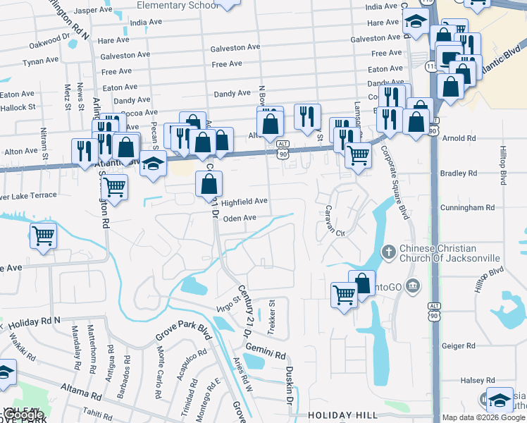 map of restaurants, bars, coffee shops, grocery stores, and more near 8406 Oden Avenue in Jacksonville
