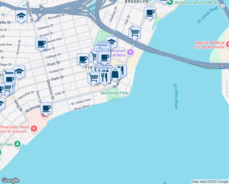 map of restaurants, bars, coffee shops, grocery stores, and more near 1620 Riverside Avenue in Jacksonville