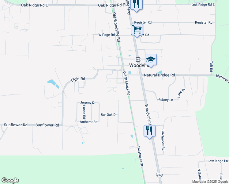 map of restaurants, bars, coffee shops, grocery stores, and more near 9444 Old Woodville Road in Tallahassee