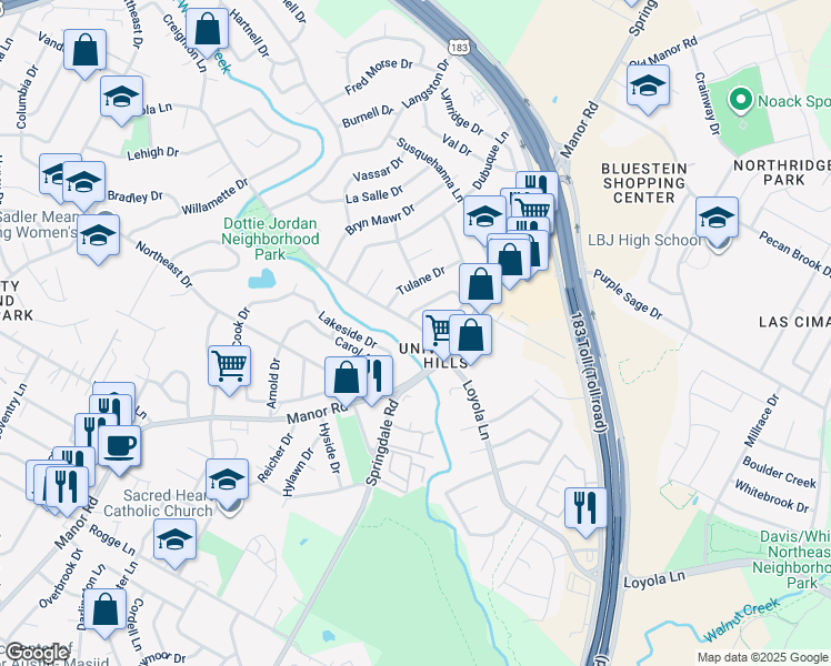 map of restaurants, bars, coffee shops, grocery stores, and more near 3403 Loyola Lane in Austin