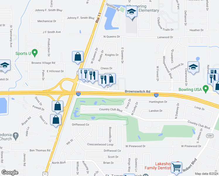 map of restaurants, bars, coffee shops, grocery stores, and more near 104 Parkway North Drive in Slidell