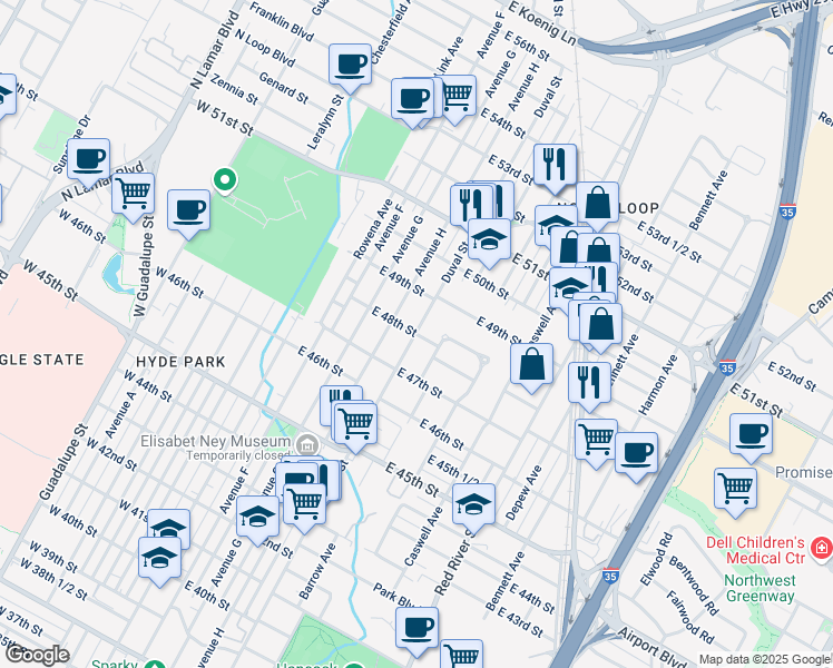 map of restaurants, bars, coffee shops, grocery stores, and more near Duval Street & East 48th Street in Austin