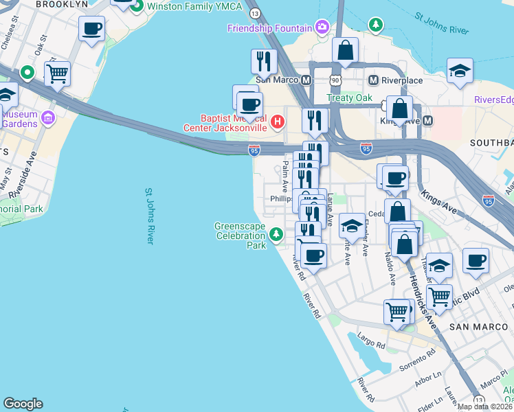 map of restaurants, bars, coffee shops, grocery stores, and more near 1550 Le Baron Avenue in Jacksonville