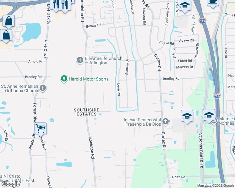 map of restaurants, bars, coffee shops, grocery stores, and more near 2217 Leon Road in Jacksonville