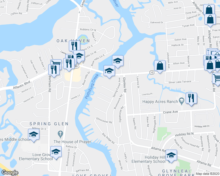 map of restaurants, bars, coffee shops, grocery stores, and more near 6315 Pottsburgh Plantation Boulevard in Jacksonville