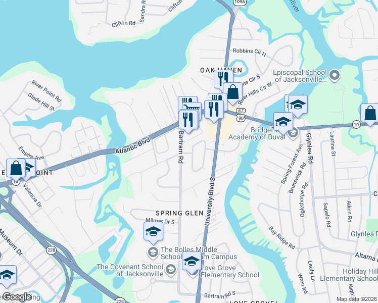 map of restaurants, bars, coffee shops, grocery stores, and more near 1813 Bartram Circle West in Jacksonville