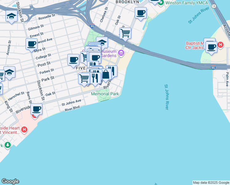map of restaurants, bars, coffee shops, grocery stores, and more near 1596 Lancaster Terrace in Jacksonville
