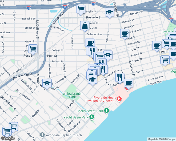 map of restaurants, bars, coffee shops, grocery stores, and more near 2759 Lydia Street in Jacksonville