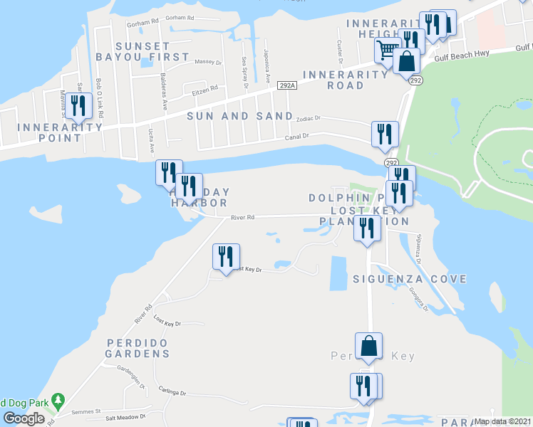 map of restaurants, bars, coffee shops, grocery stores, and more near 13735-14099 River Rd in Pensacola