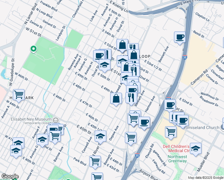 map of restaurants, bars, coffee shops, grocery stores, and more near 4901 Caswell Avenue in Austin