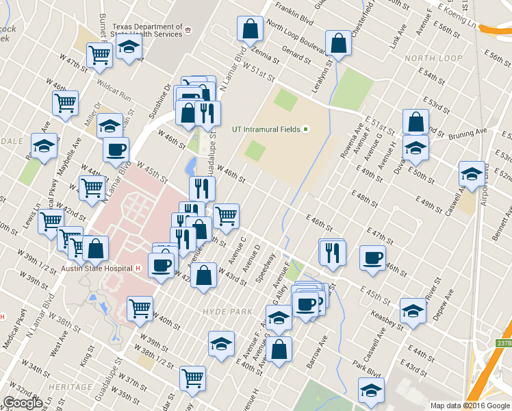 map of restaurants, bars, coffee shops, grocery stores, and more near 4517 Avenue C in Austin