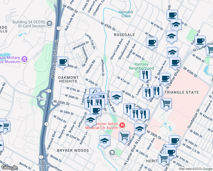 map of restaurants, bars, coffee shops, grocery stores, and more near 3910 Shoal Creek Boulevard in Austin
