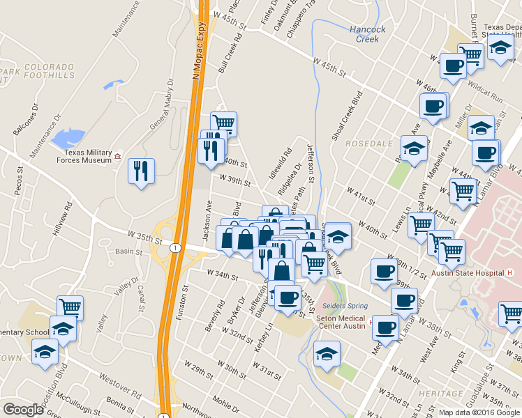 map of restaurants, bars, coffee shops, grocery stores, and more near 3710 Lawton Avenue in Austin