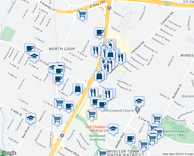 map of restaurants, bars, coffee shops, grocery stores, and more near 3017 N I- 35 Service Rd in Austin