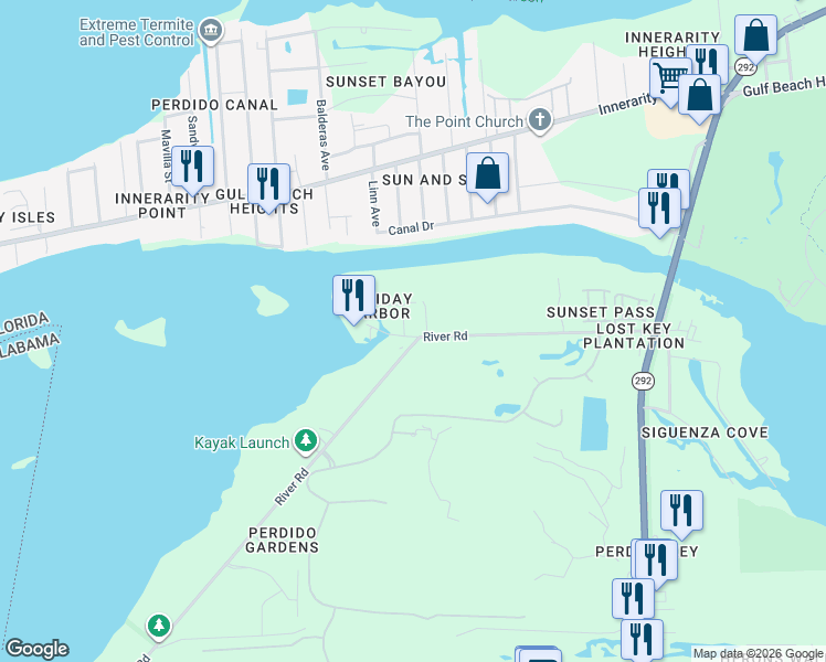 map of restaurants, bars, coffee shops, grocery stores, and more near 14010 Canal A Way in Pensacola